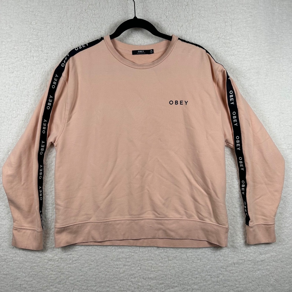 Obey Worldwide Womens Peach Pink Logo Tape Sleeve Crewneck Sweatshirt Medium